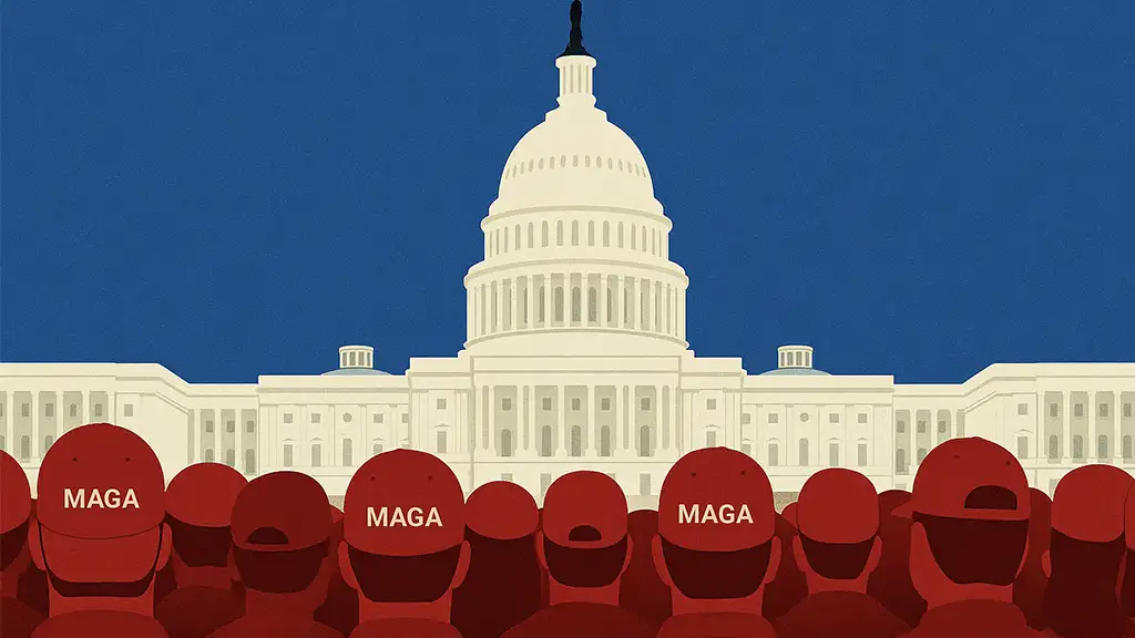 워싱턴 D.C. 국회의사당 또는 백악관 이미지 위에 균열이나 변화를 상징하는 그래픽 오버레이