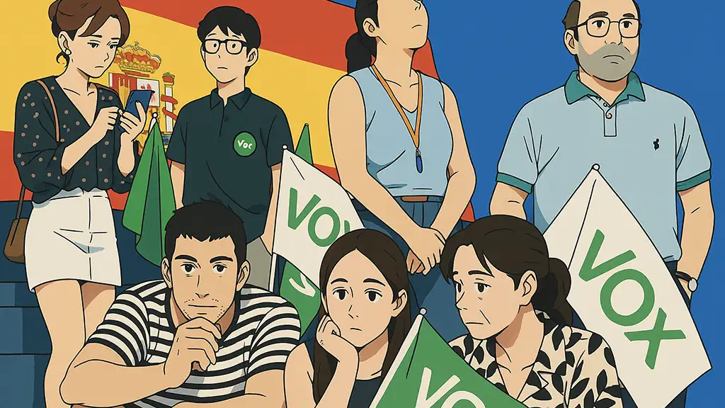 스페인 국기를 배경으로 스마트폰으로 Vox 뉴스를 확인하는 젊은 남성의 일러스트
